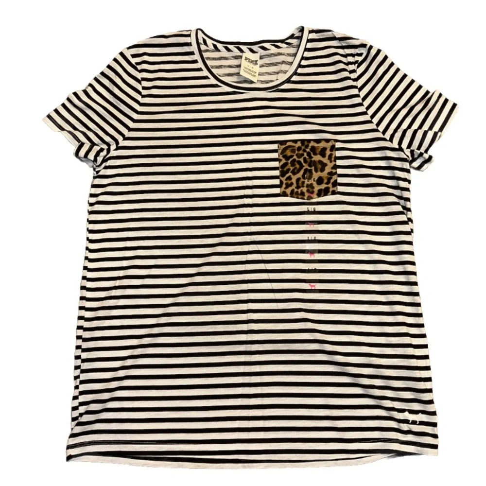 VS VICTORIAS SECRET PINK CREW SHORT SLEEVE POCKET TEE TOP BLACK WHITE LEOPARD L